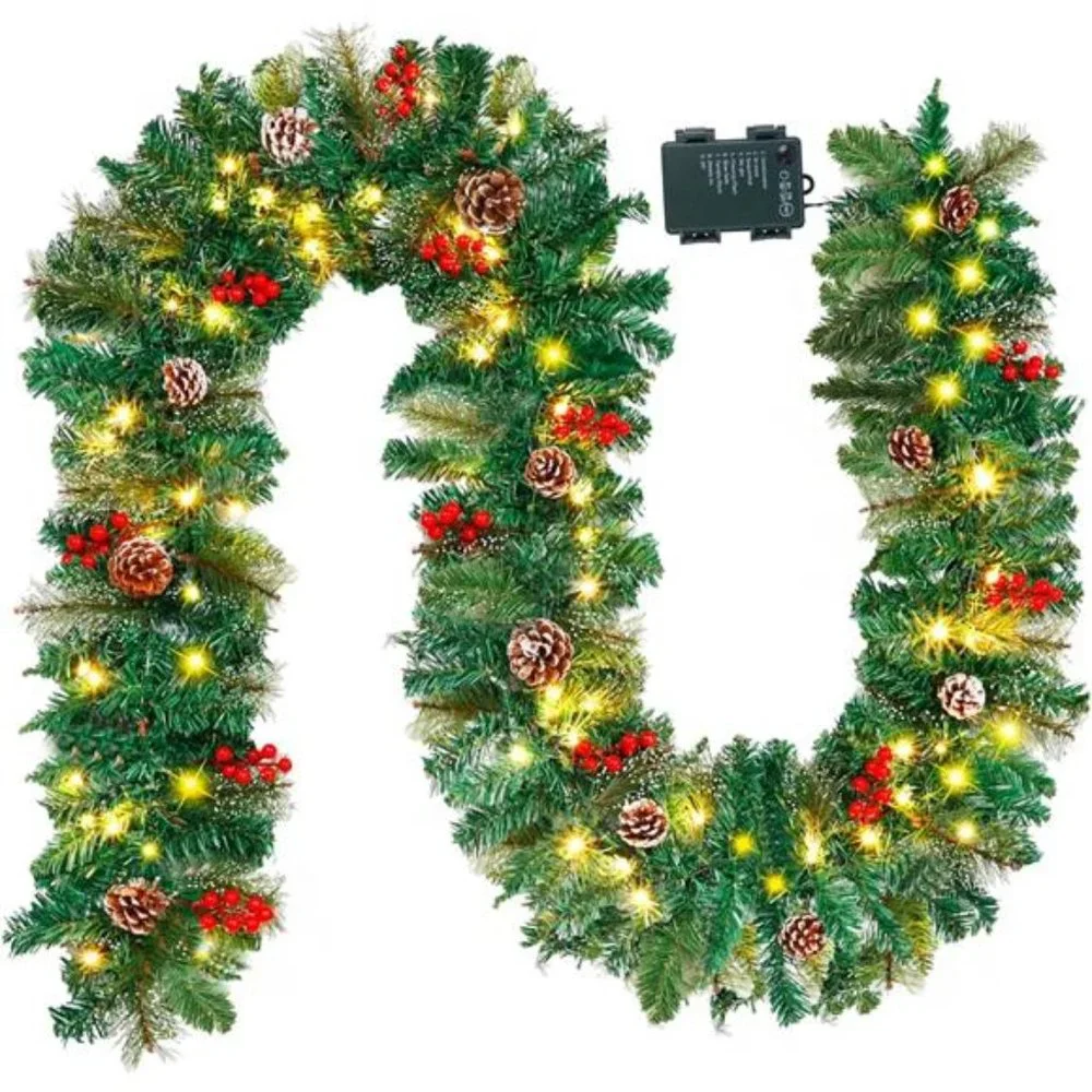9FT Christmas Garland, Pre-lit Artificial Xmas Garland Decorations 50 LED Lights